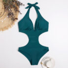 One Piece Triangle Show Waist Solid Color Swimsuit - Mixed