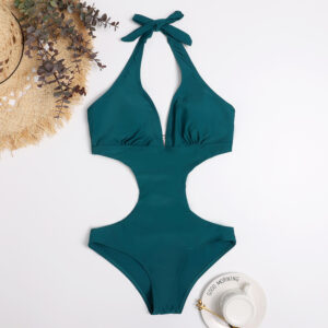 One Piece Triangle Show Waist Solid Color Swimsuit - Mixed